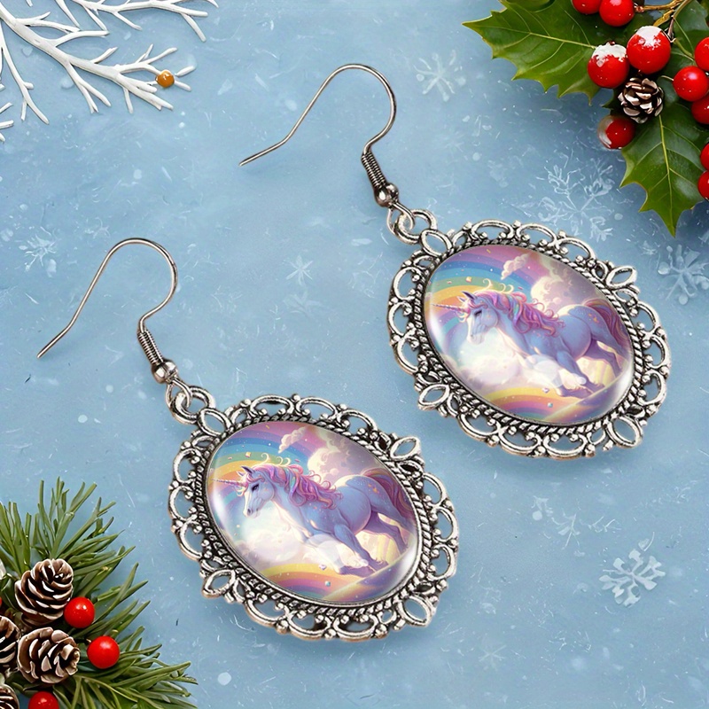 Rainbow Unicorn Oval Dangle Earrings, Handcrafted Gift